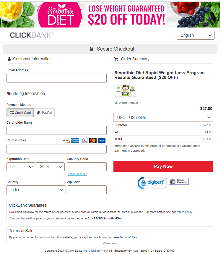 THE SMOOTHIE DIET Checkout Page